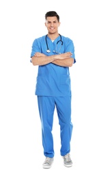 Photo of Full length portrait of medical doctor with stethoscope isolated on white