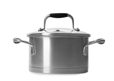 Photo of Steel pot with lid isolated on white