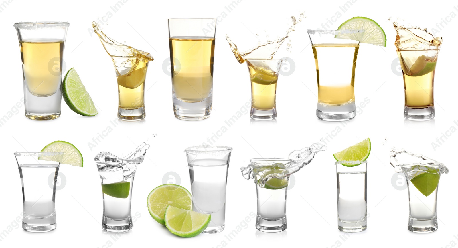 Image of Set of different Mexican Tequila shots on white background