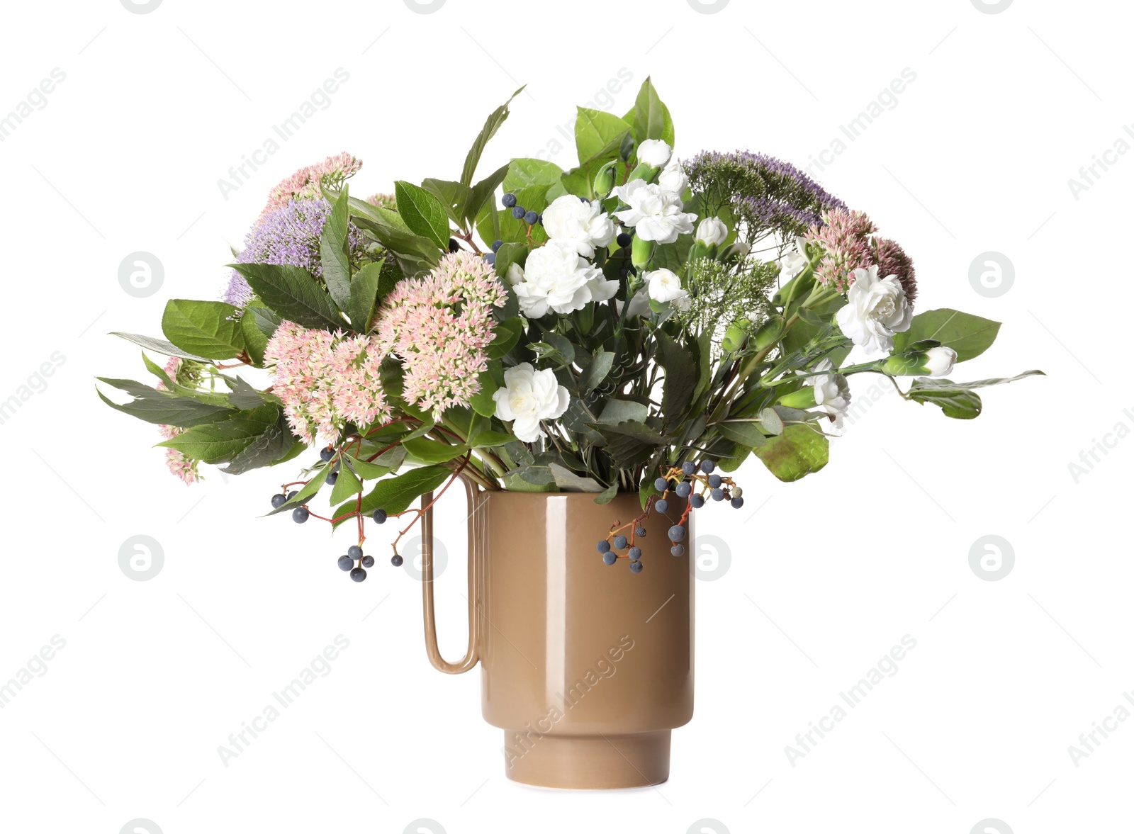 Photo of Stylish ceramic vase with beautiful flowers and branches on white background