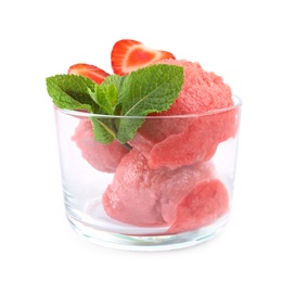 Photo of Delicious strawberry ice cream with mint and fresh berries in dessert bowl on white background