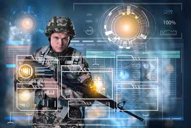 Image of Double exposure of soldier with machine gun and different schemes. Military concept