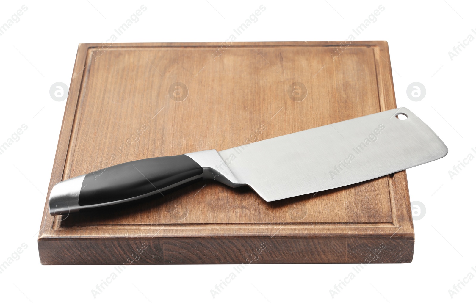 Photo of Cleaver knife and wooden board isolated on white