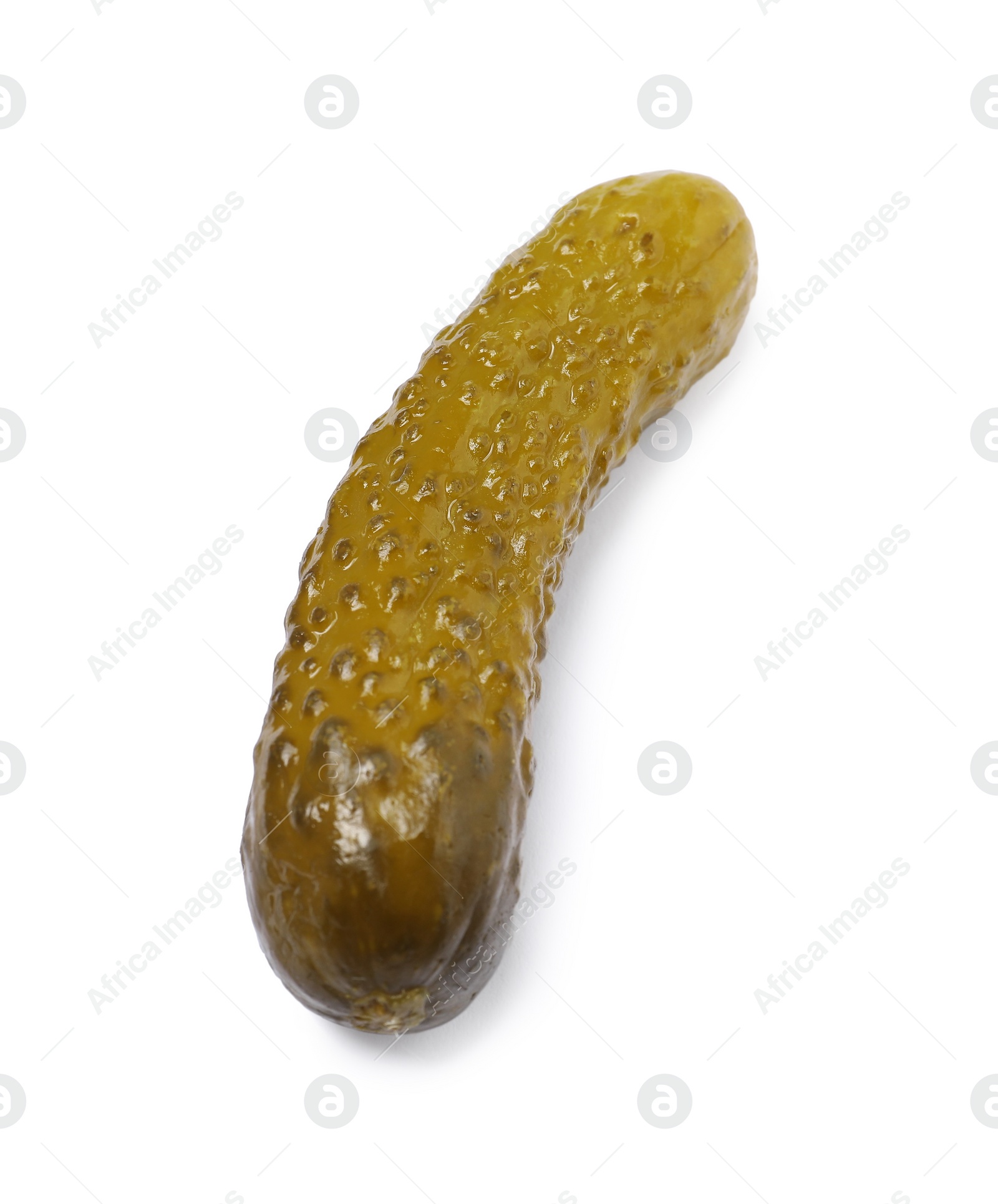 Photo of One tasty pickled cucumber isolated on white