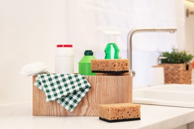 Different cleaning supplies on counter in kitchen