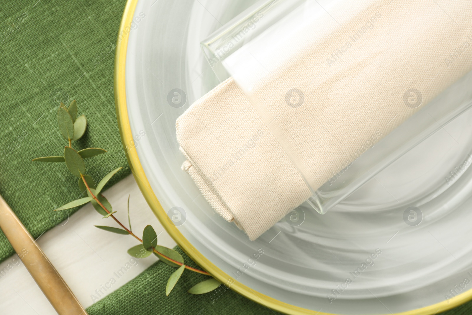 Photo of Stylish tableware with leaves on table, flat lay. Festive setting