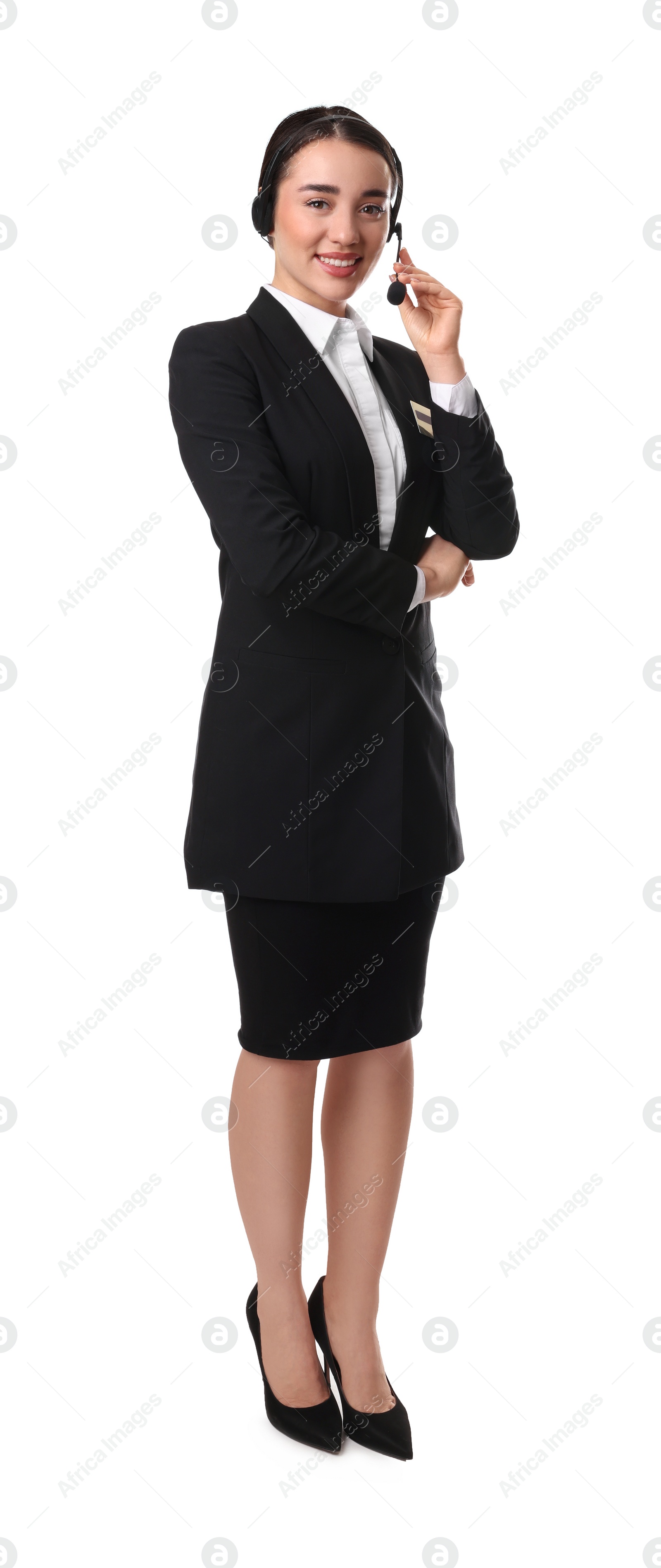 Photo of Full length portrait of receptionist with headset on white background
