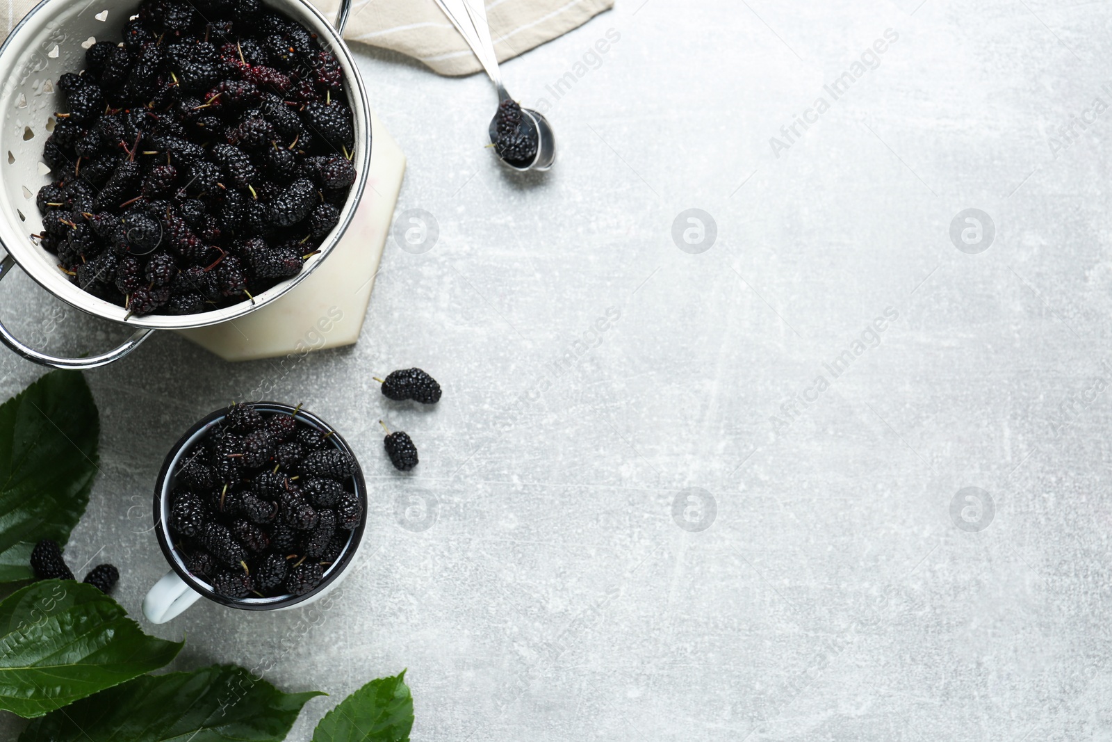Photo of Colander and cup of delicious ripe black mulberries on grey table, flat lay. Space for text