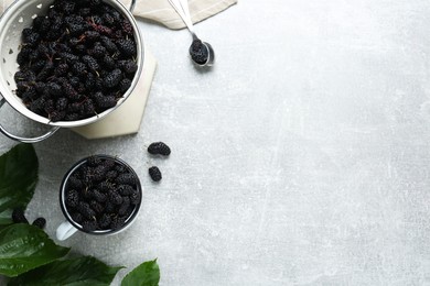 Colander and cup of delicious ripe black mulberries on grey table, flat lay. Space for text