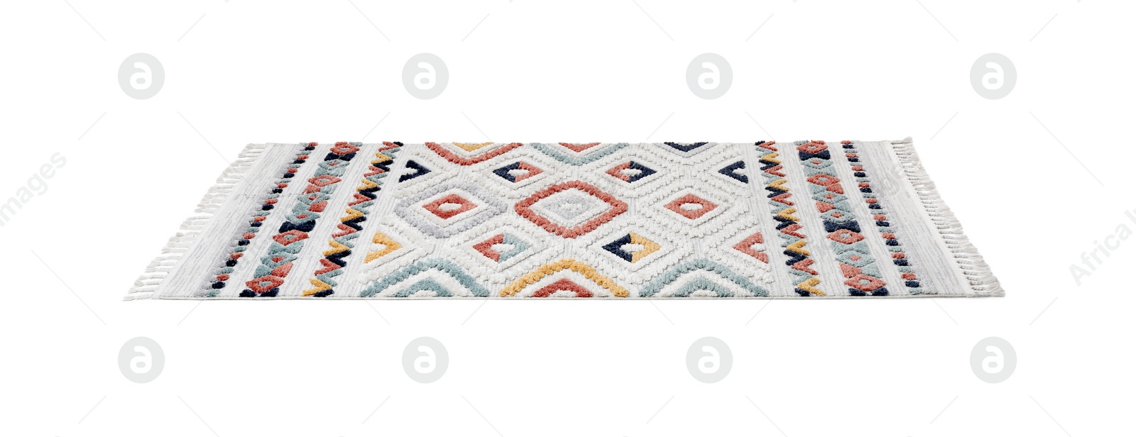 Photo of Soft carpet with beautiful geometric pattern isolated on white