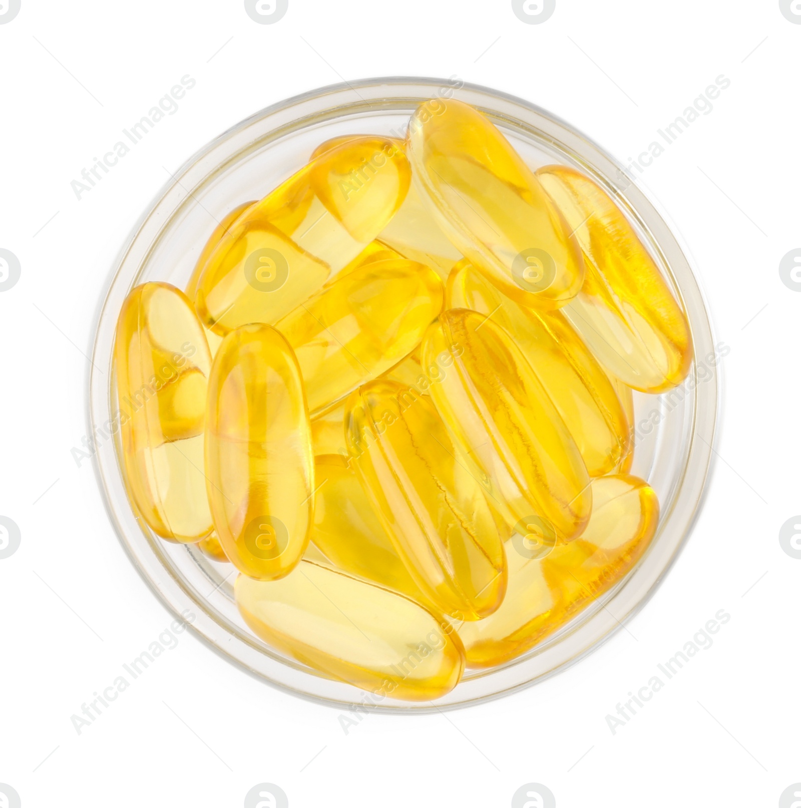 Photo of Vitamin capsules in glass bowl isolated on white, top view