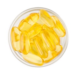 Photo of Vitamin capsules in glass bowl isolated on white, top view