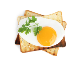 Photo of Tasty fried chicken egg with toasts and parsley isolated on white, top view