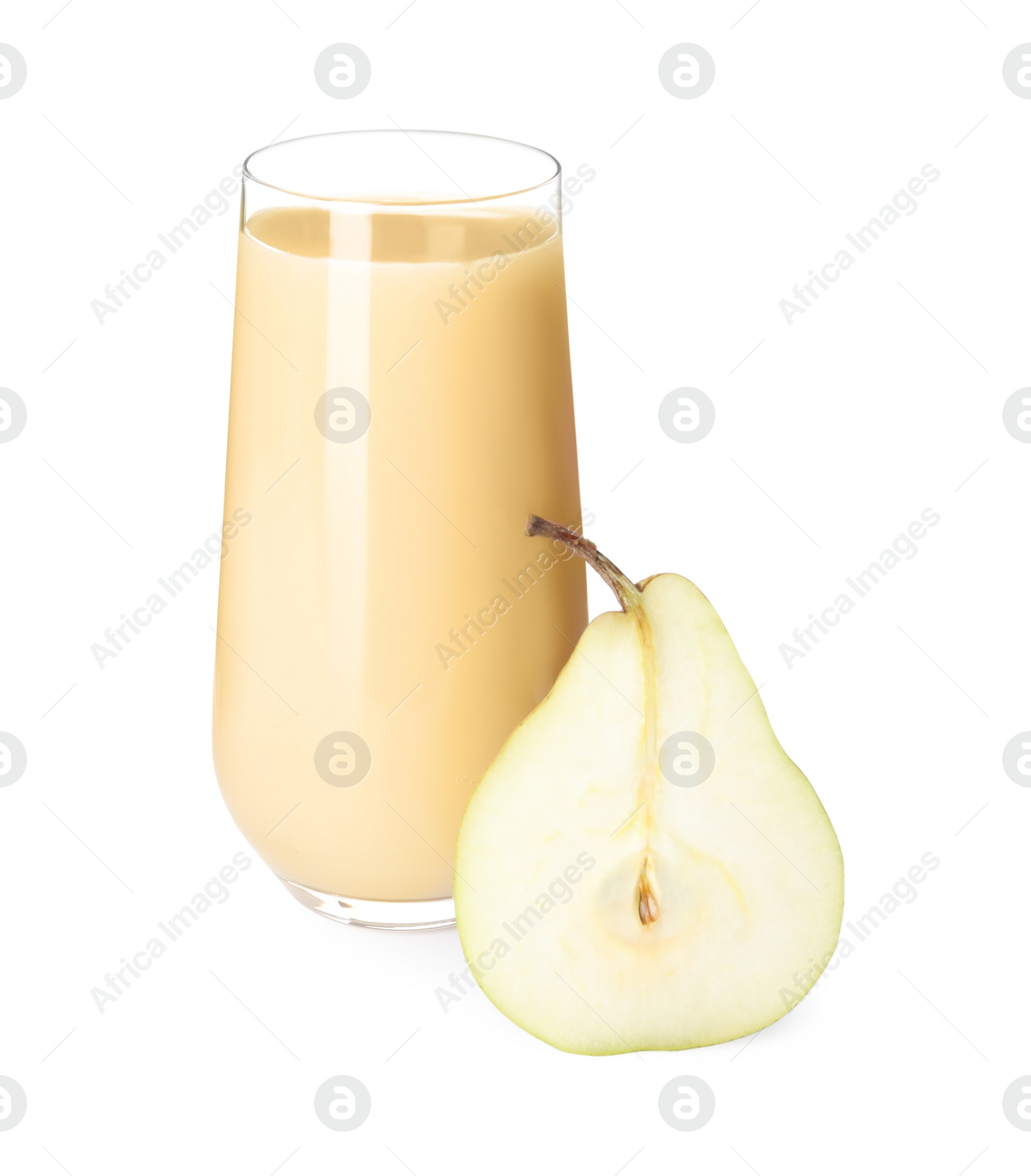 Photo of Tasty pear juice and cut fruit isolated on white