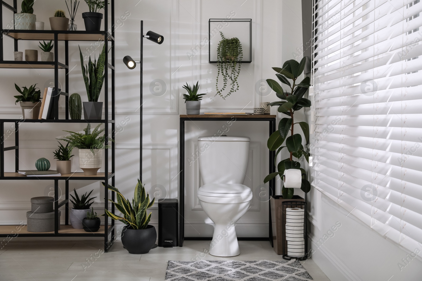 Photo of Stylish bathroom interior with toilet bowl and many beautiful houseplants