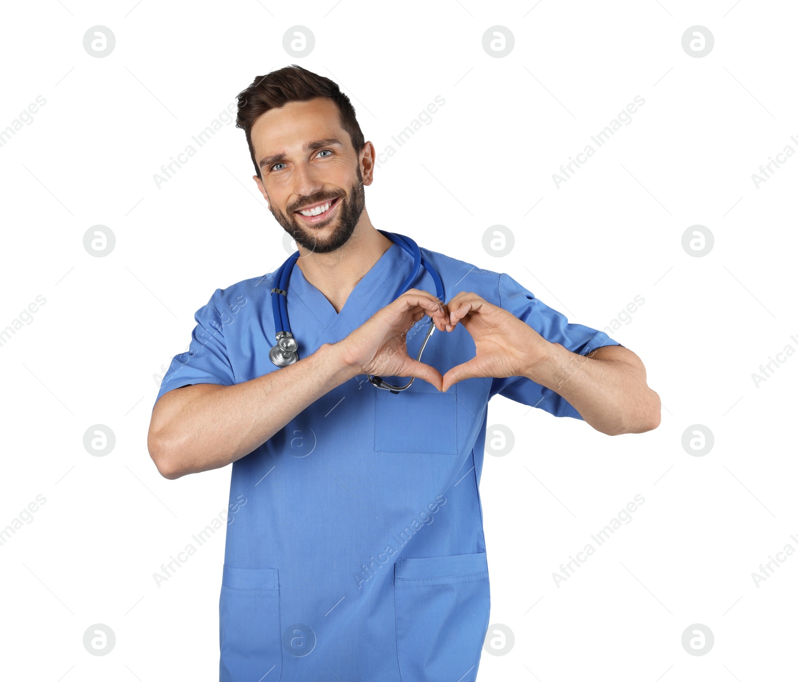 Photo of Doctor making heart with hands on white background