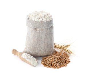 Photo of Sack with flour, grains and wheat spikes on white background