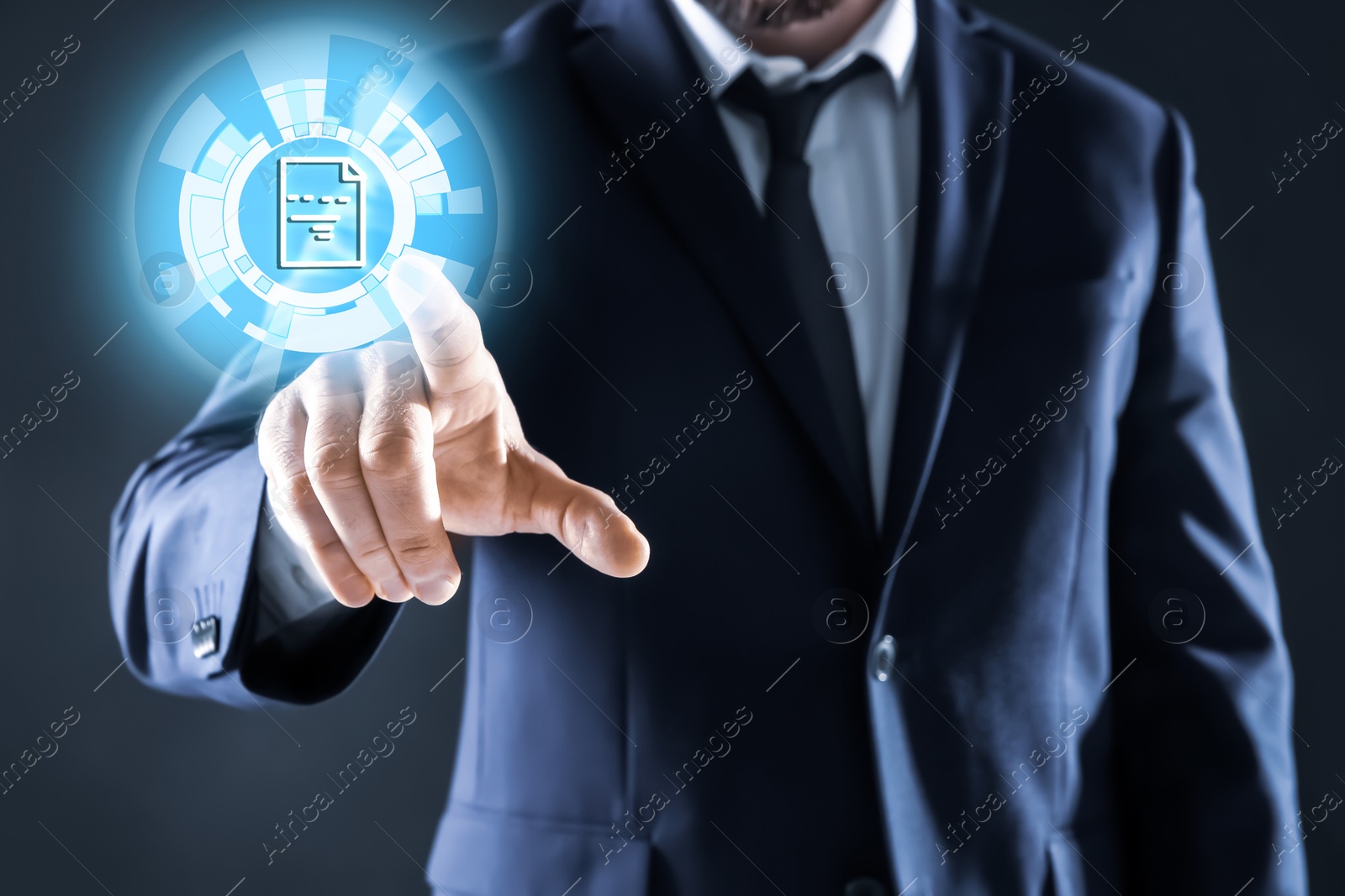 Image of Businessman clicking on document icon using virtual screen, closeup