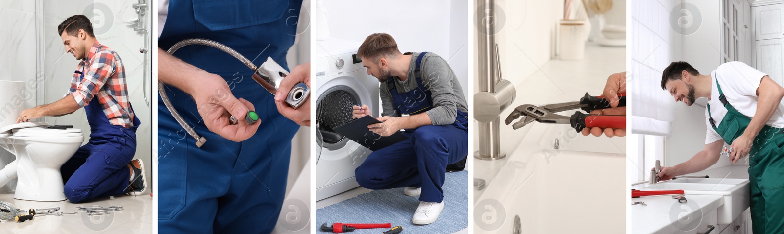 Image of Collage with photos of professional plumbers and their tools, banner design