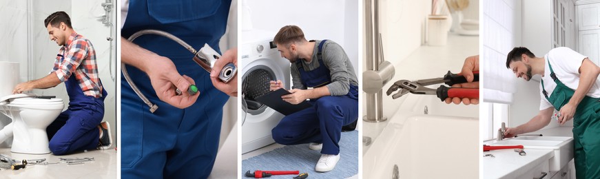 Image of Collage with photos of professional plumbers and their tools, banner design