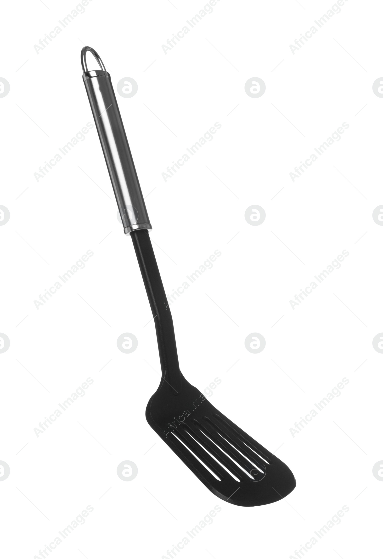 Photo of One black spatula with metal handle isolated on white