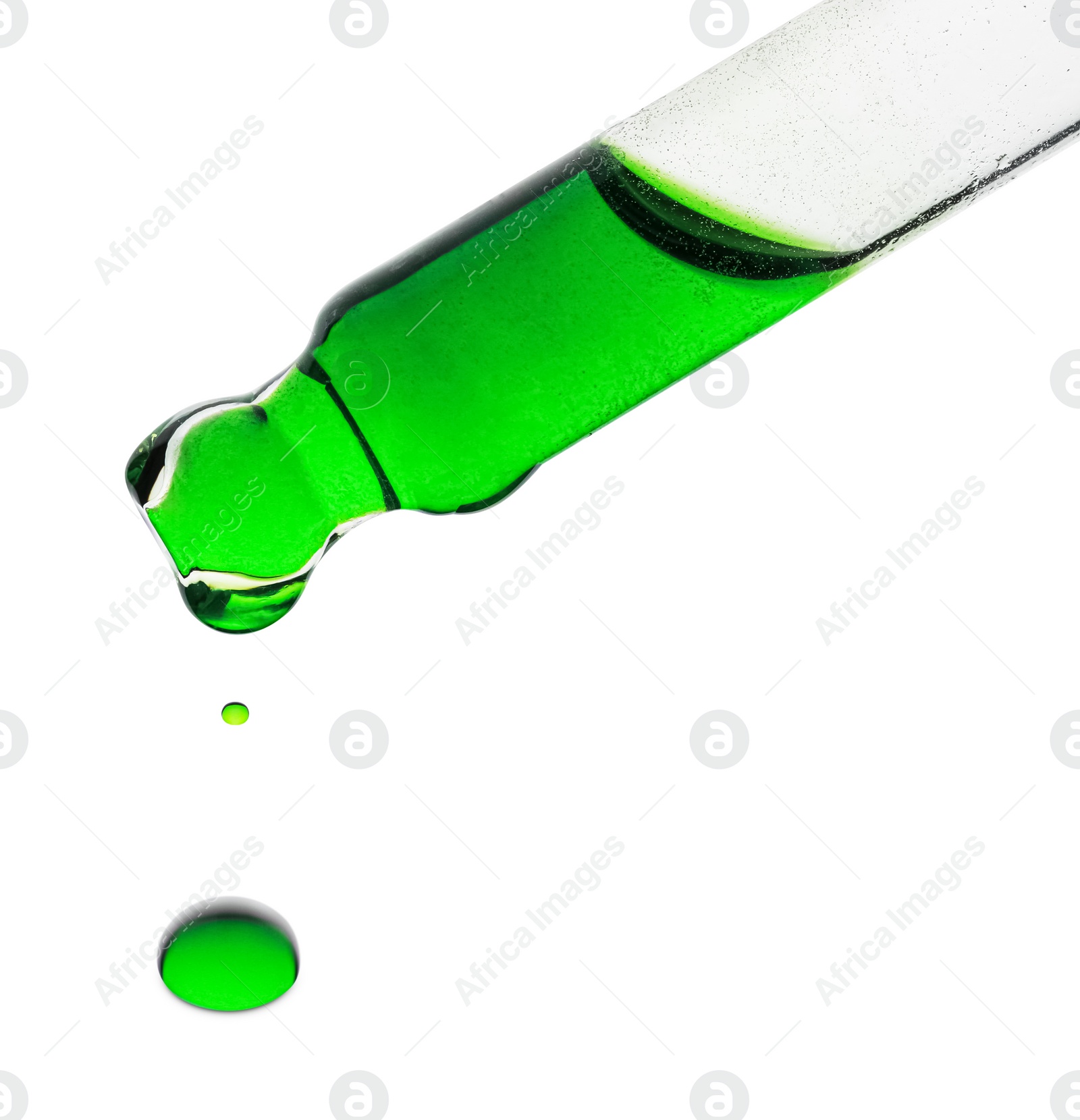 Photo of Dripping green facial serum from pipette on white background, closeup