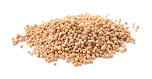 Photo of Heap of mustard seeds isolated on white