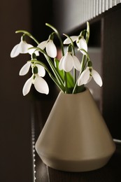 Beautiful snowdrops in vase on wooden table indoors