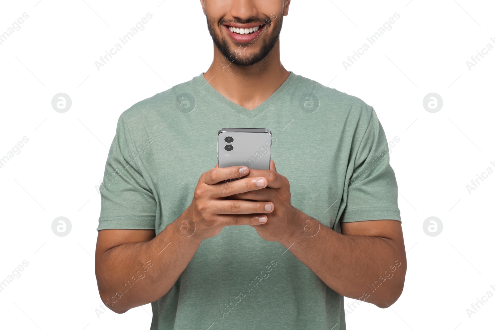 Photo of Man sending message via smartphone on white background, closeup