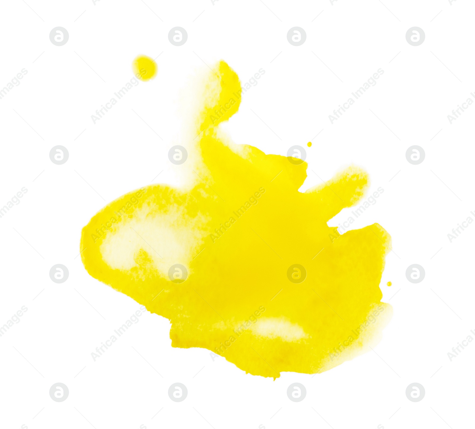 Photo of Blot of yellow watercolor paint isolated on white, top view