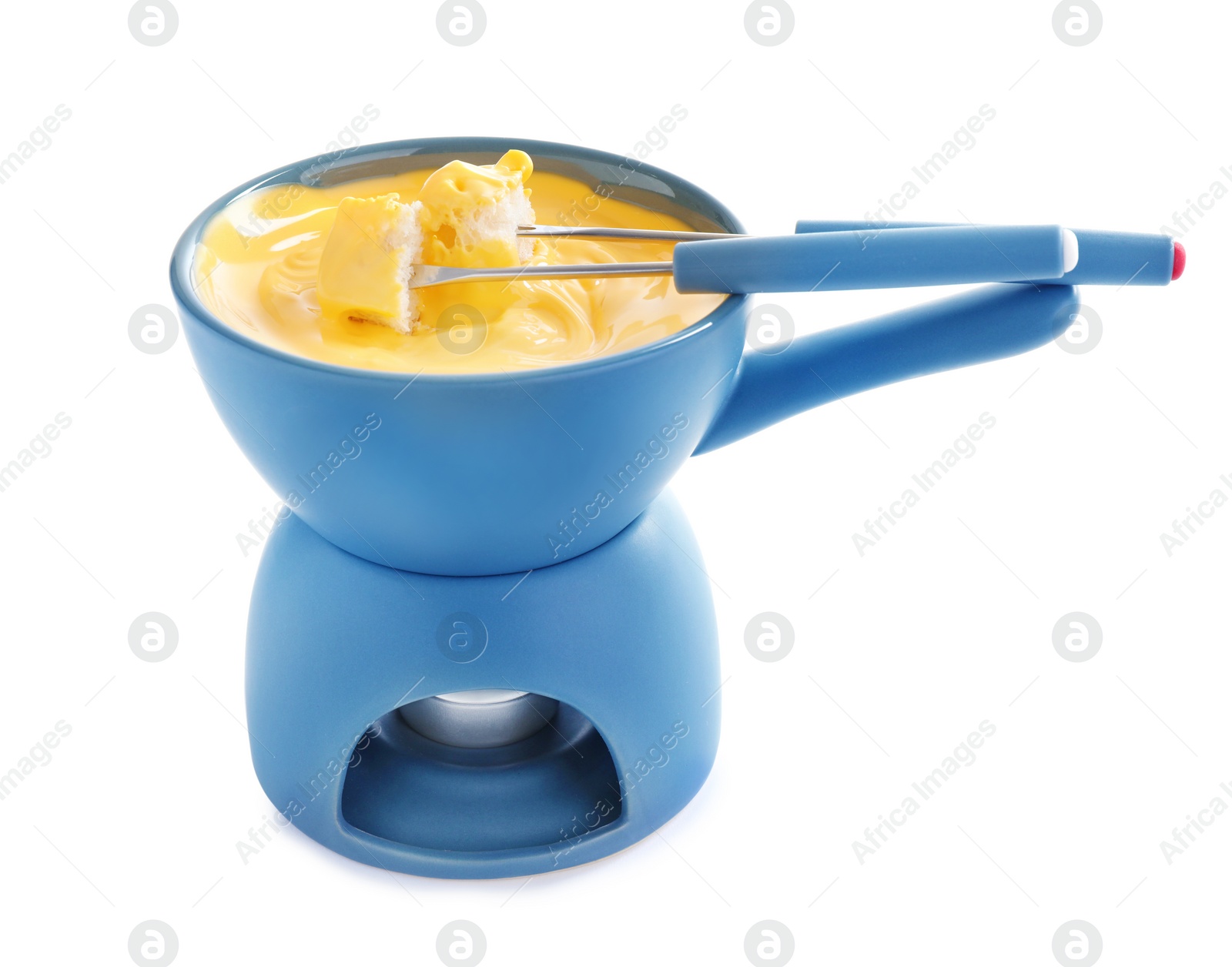 Photo of Pot of tasty cheese fondue and forks with bread isolated on white