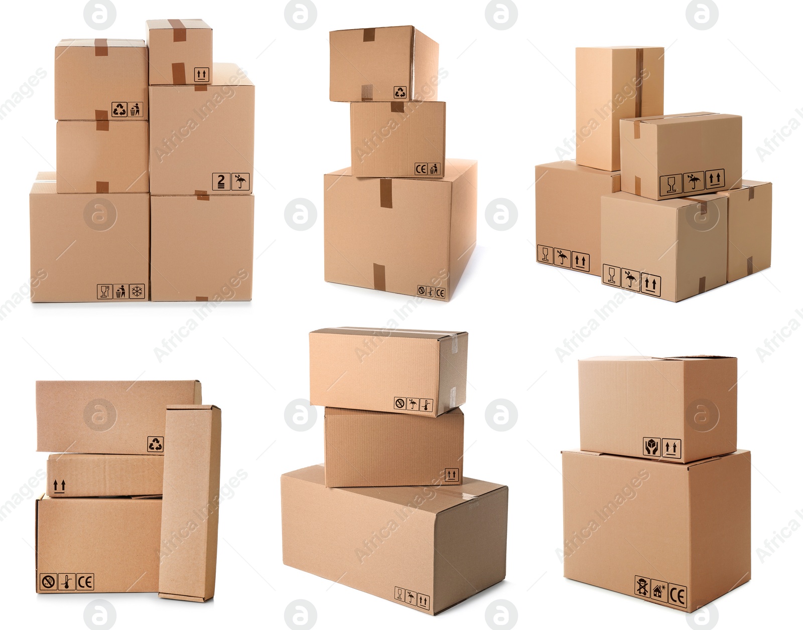 Image of Set of parcels with different packaging symbols on white background  
