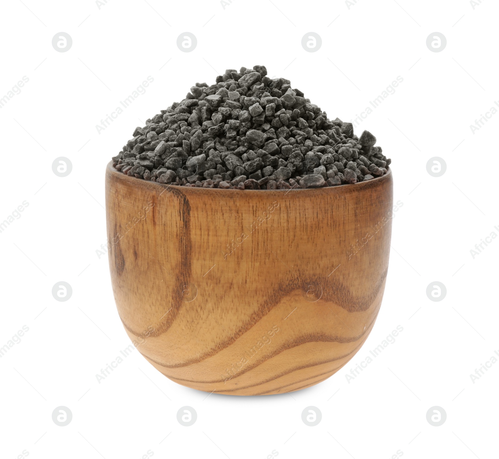 Photo of Black salt in wooden bowl isolated on white
