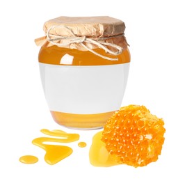 Image of Sweet honey in glass jar with blank label and piece of honeycomb on white background. Mockup for design