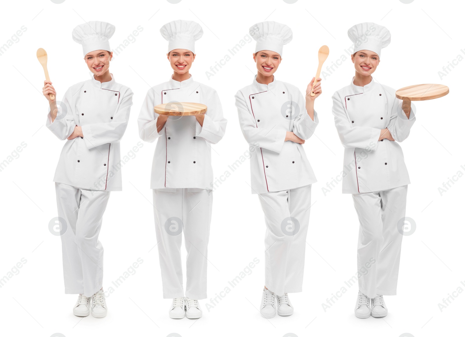 Image of Chef in uniform on white background, set with photos