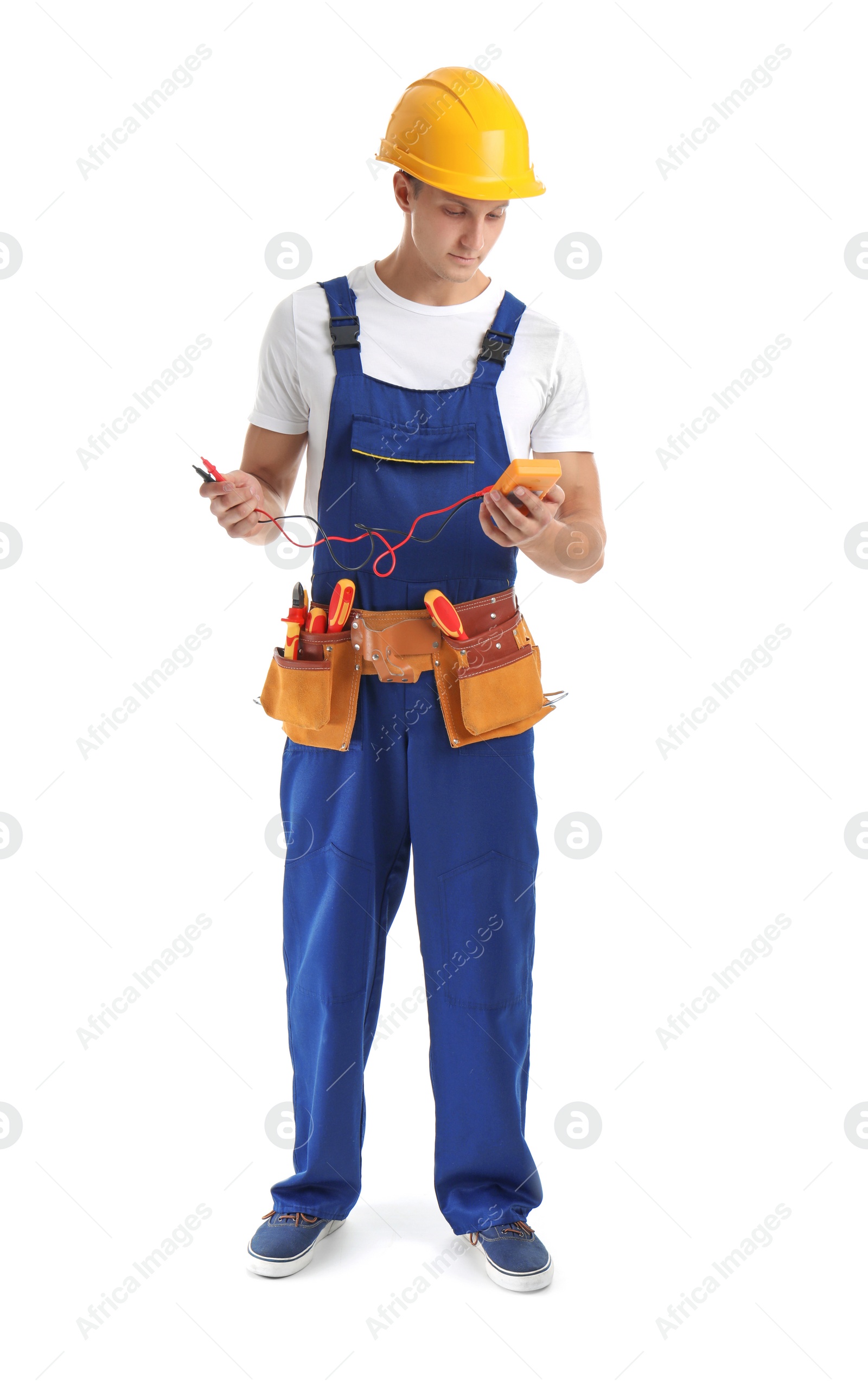 Photo of Electrician with multimeter wearing uniform on white background