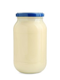 Photo of Fresh mayonnaise sauce in glass jar isolated on white