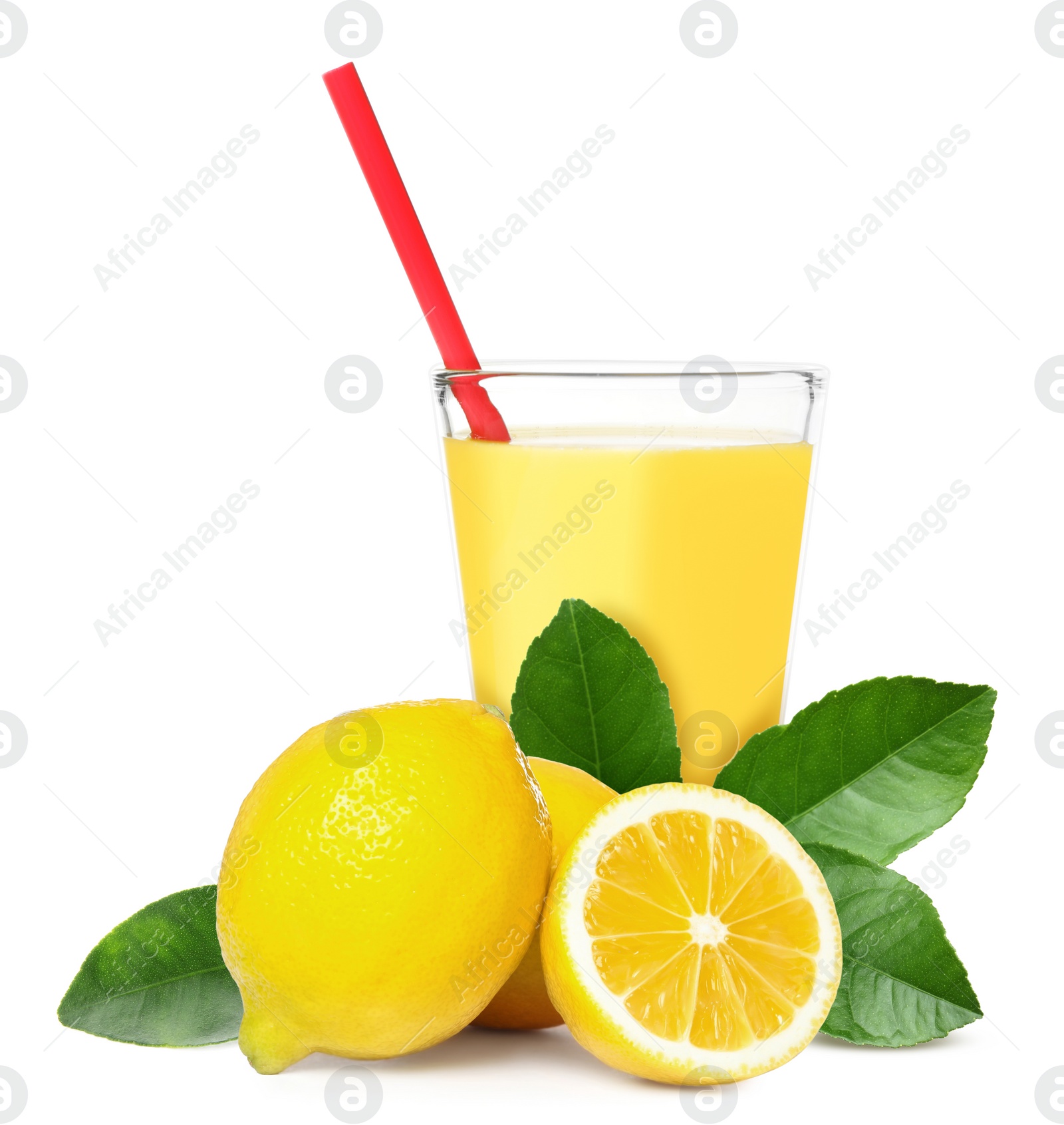 Image of Glass of lemon juice, fresh fruits and green leaves on white background