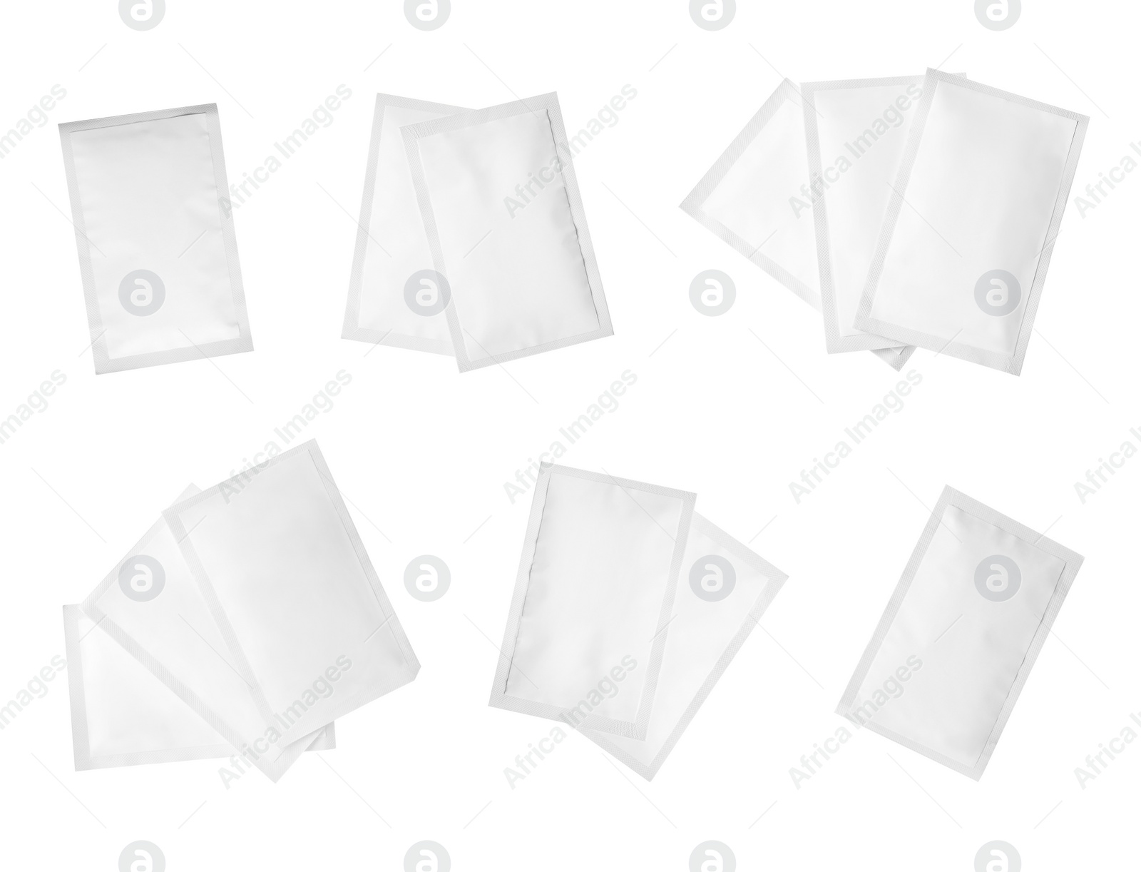 Image of Set with sachets of medicine on white background, top view 