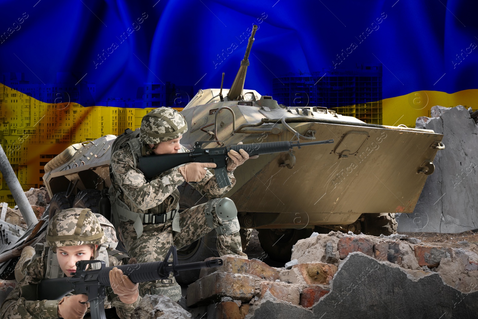 Image of Stop war in Ukraine. Defenders and military tank protecting city. Double exposure of Ukrainian flag and houses under sky