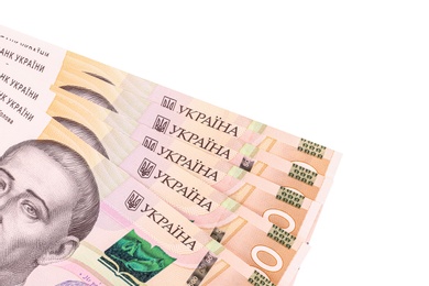 Photo of 500 Ukrainian Hryvnia banknotes on white background, top view