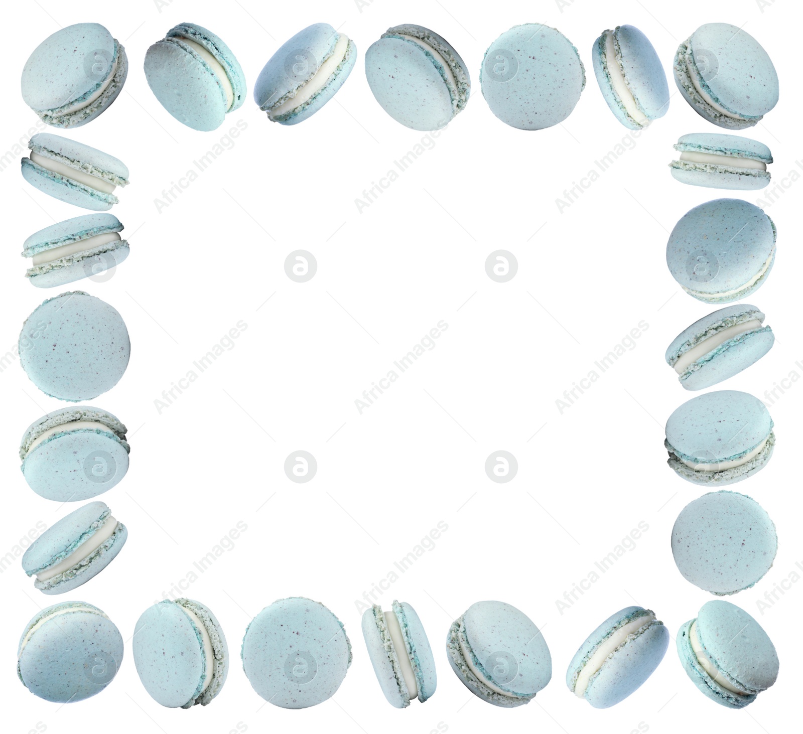 Image of Frame made of delicious macarons on white background