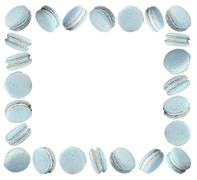 Image of Frame made of delicious macarons on white background