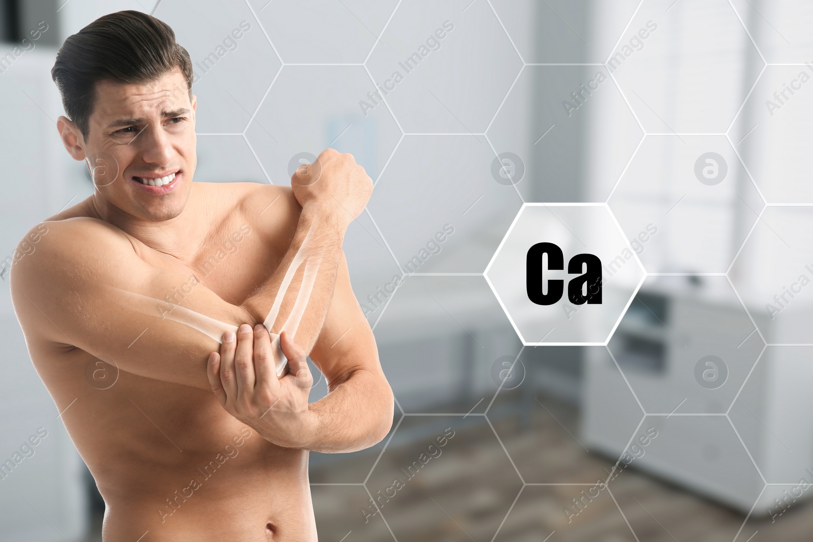 Image of Role of calcium for human. Man suffering from pain in elbow, digital compositing with illustration of arm bone