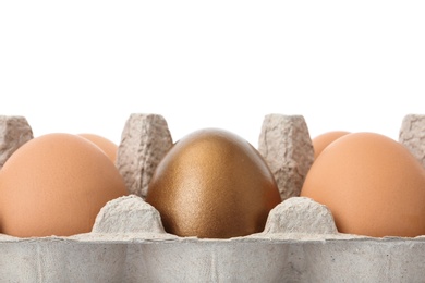 Eggs with golden one in carton on white background