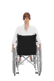 Young woman in wheelchair isolated on white, back view