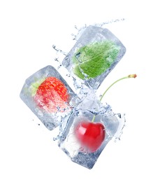 Image of Strawberry, cherry and mint frozen in ice cubes falling on white background