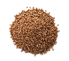 Photo of Raw buckwheat on white background. Healthy grains and cereals