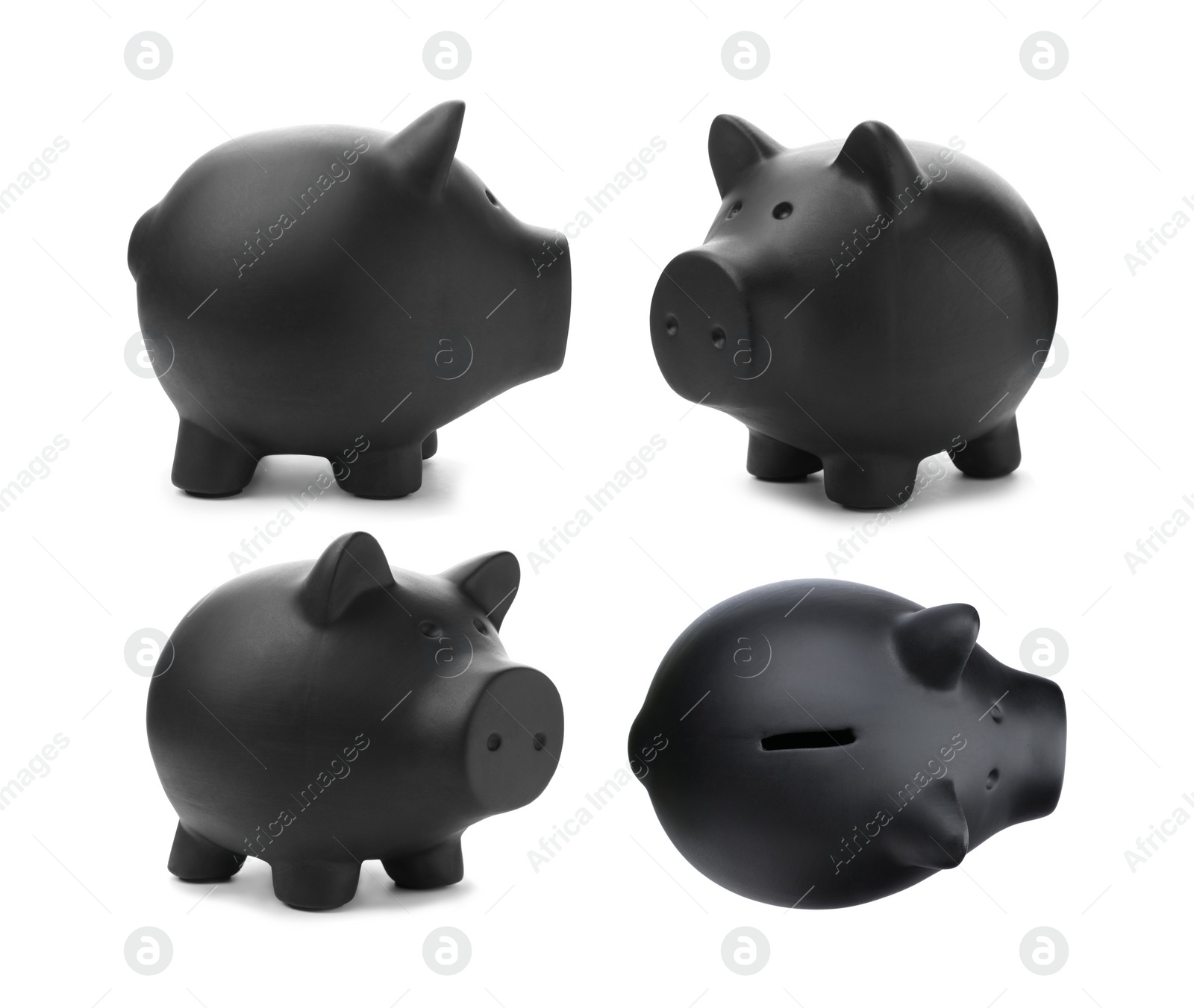 Set with black piggy bank on white background Image of Set with black piggy bank on white background