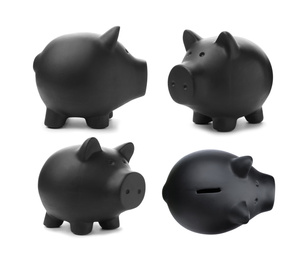 Image of Set with black piggy bank on white background
